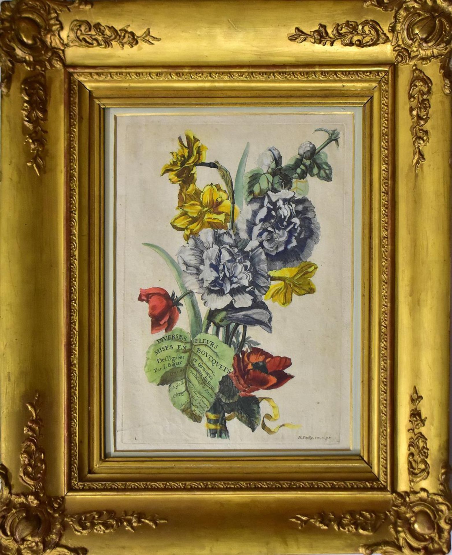POILLY, NICOLAS JEAN BAPTISTE. Blumenbouquet. Radierung, koloriert.