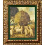 BALINT, ARPAD. Lämmer an einem Heuhaufen. Öl/Leinwand.