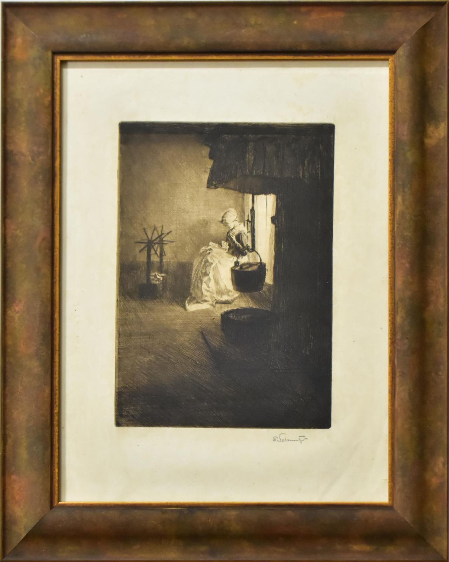 SCHMUTZER, FERDINAND. Näherin. Radierung.