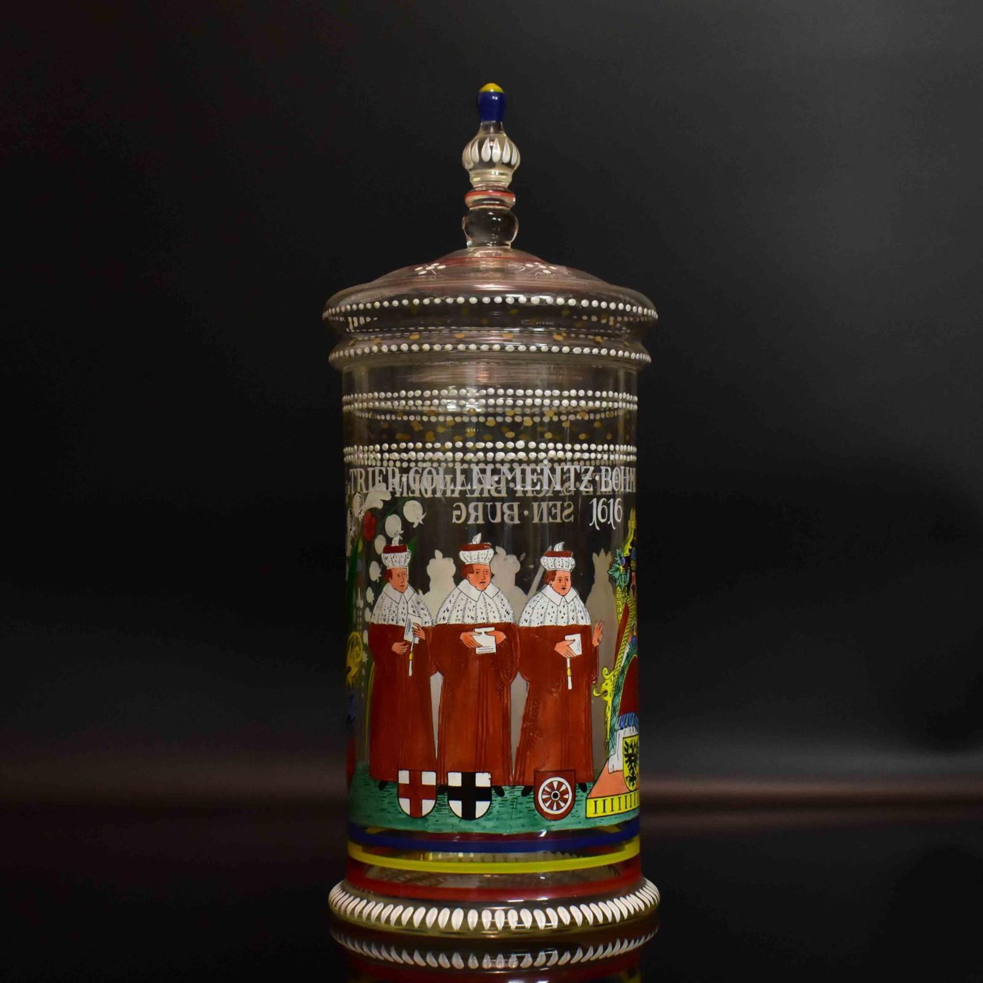 Kurfürstenhumpen. Deutschland, Ende 19./Anfang 20. Jh. | Farbloses Glas, bunter Emaildekor. - Bild 4 aus 4