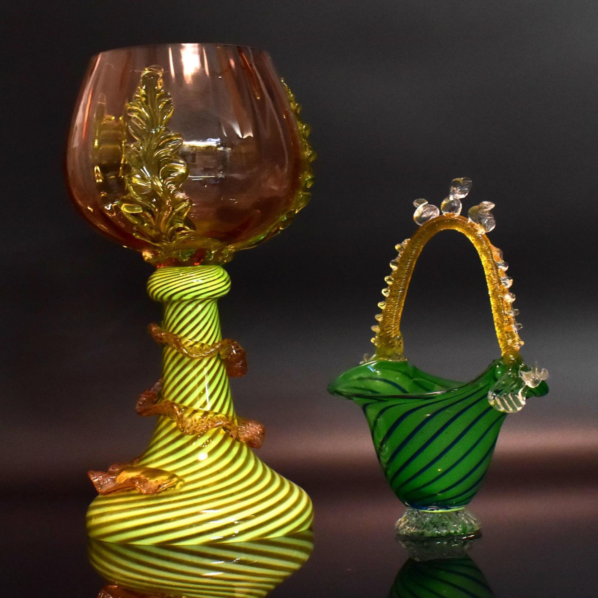 Römer und Henkelkorb. Bayerischer Wald, 19./20. Jh. | Verschiedenfarbiges Glas.