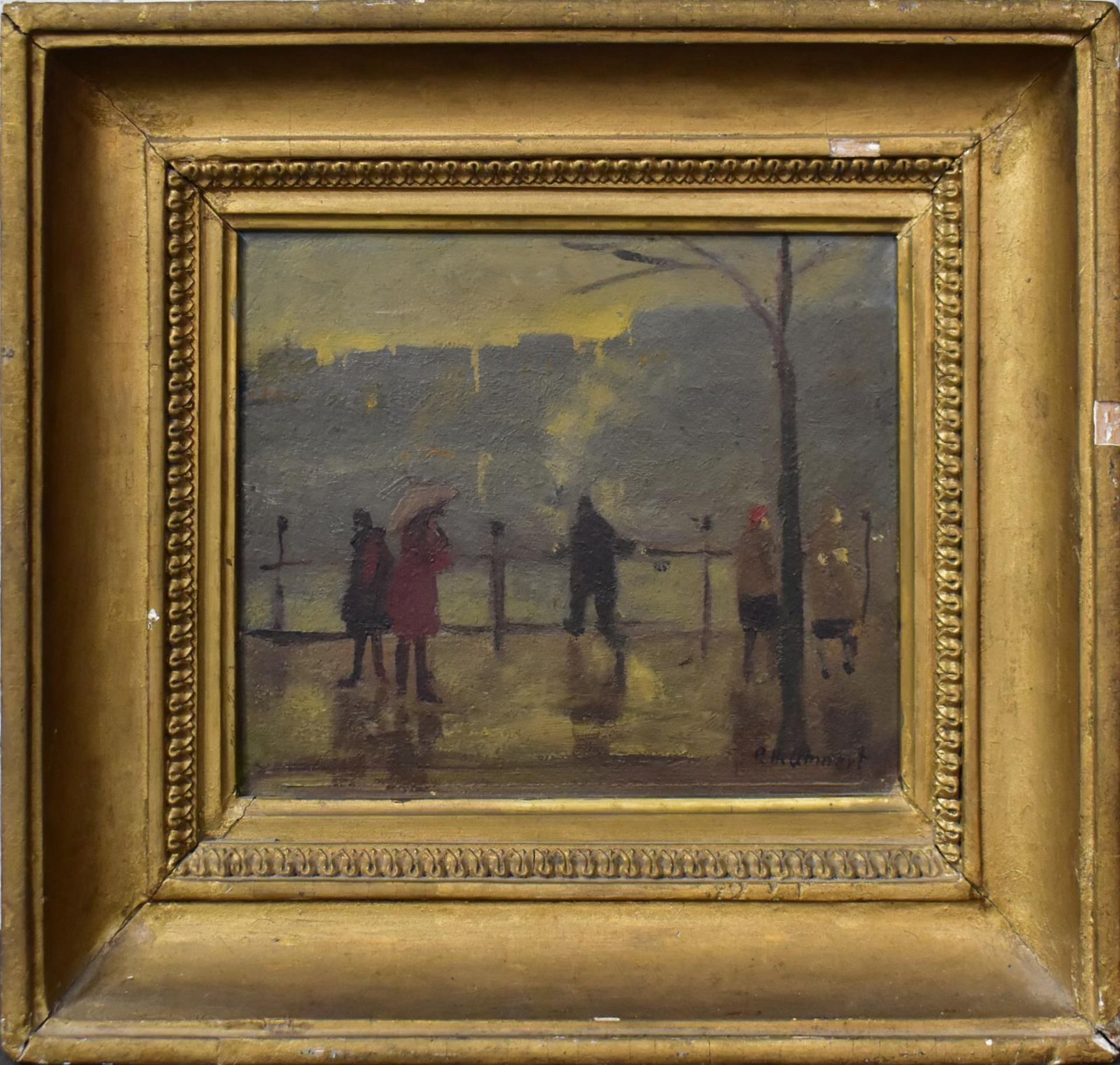 OHMERT, PAUL HANS. Spaziergänger im Regen. Öl/Karton.