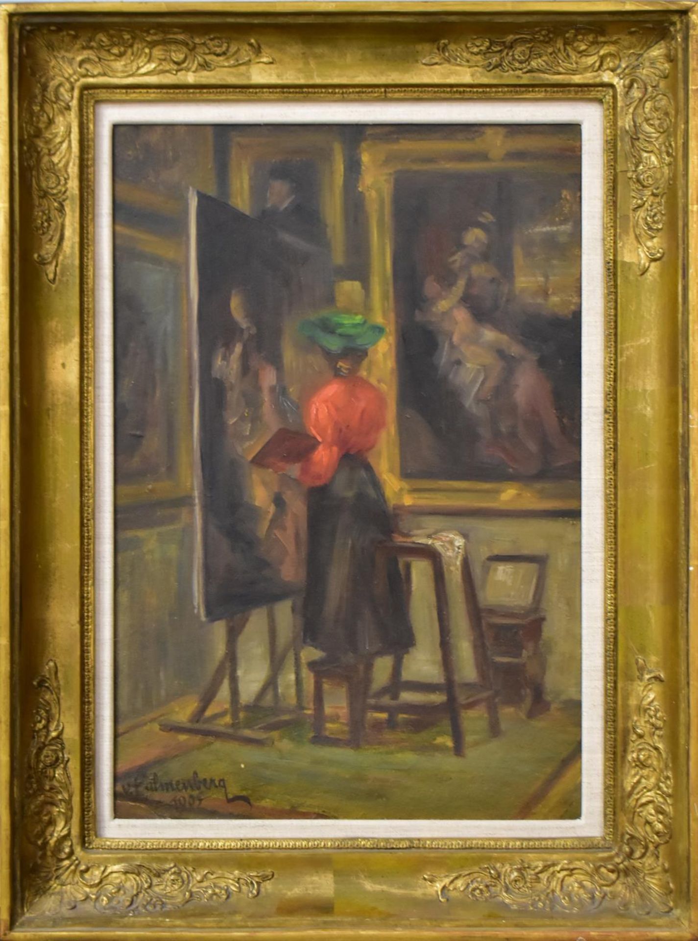 PALMENBERG, EMILIE VON. Malerin an der Staffelei. Öl/Karton.