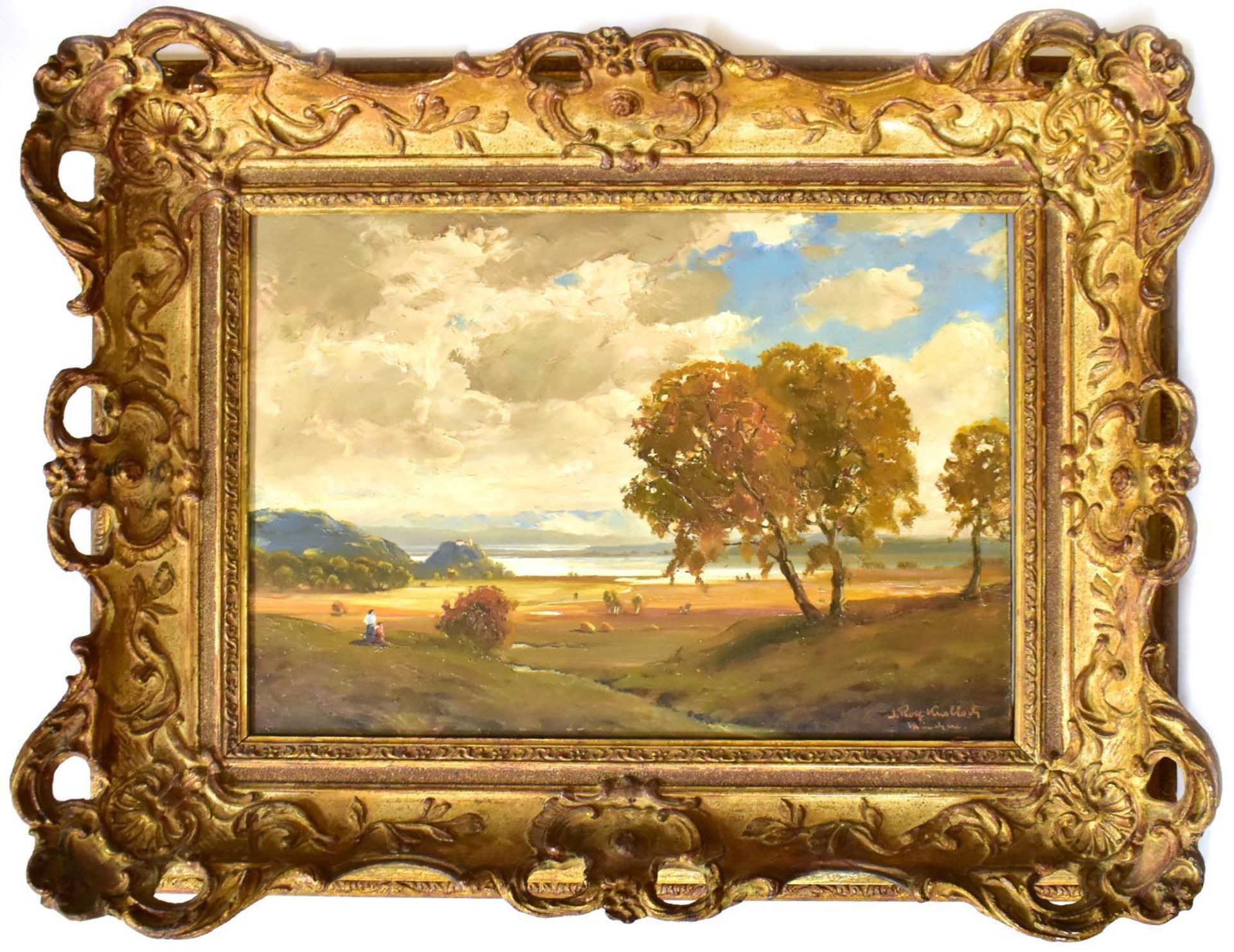 KNOBLOCH, JOSEF ROLF. Herbst im Voralpenland. Öl/Hartfaserplatte.