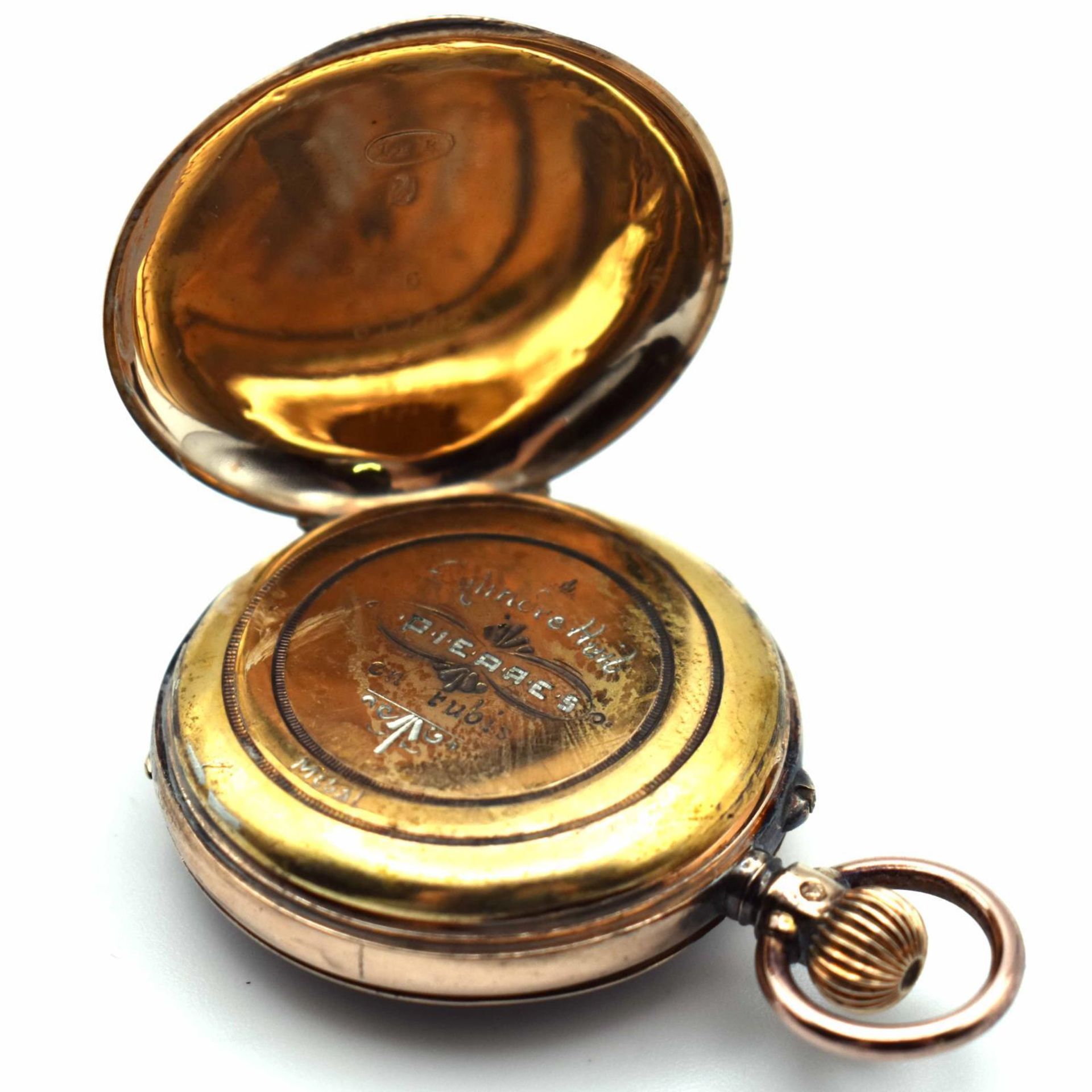 Kleine Damentaschenuhr. Schweiz | Gehäuse 14 K GG, Zwischendeckel Metall, vergoldet. - Bild 2 aus 3