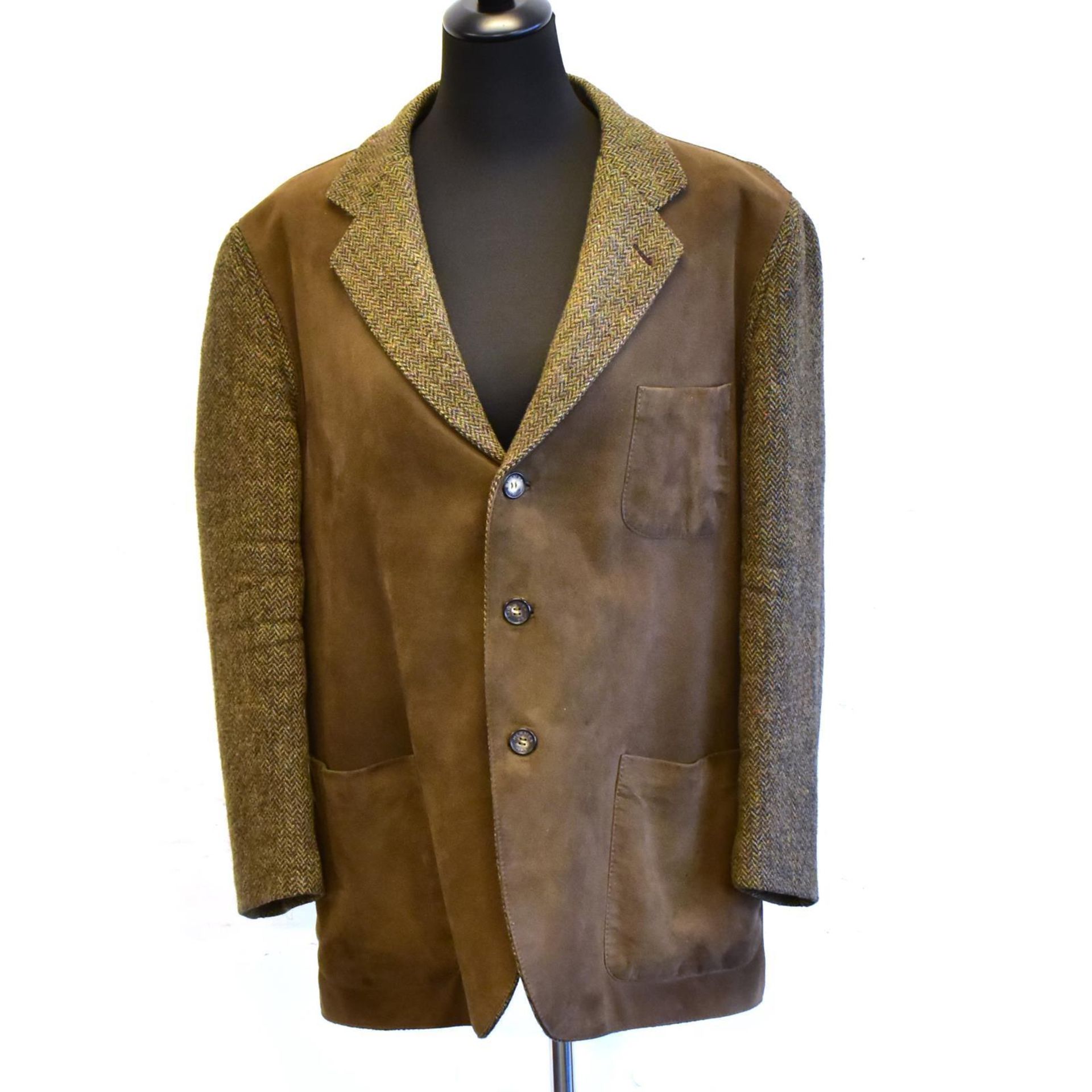 Vintage-Tweedjacket. Hermès | Olivgrüne Wolle, Vorderseite Lammlederbesatz.