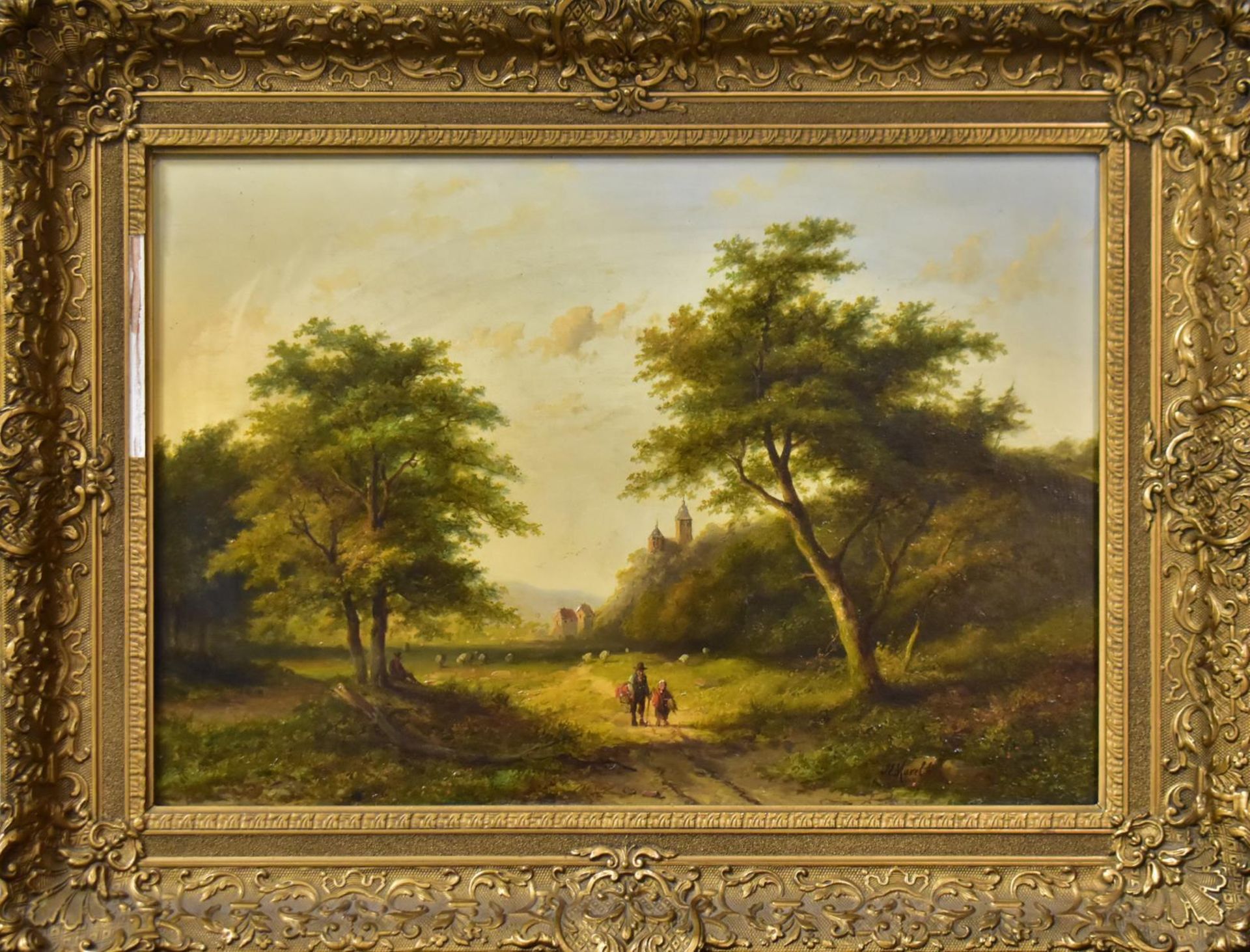 MOREL, JAN EVERT II. Sommerlandschaft mit Wanderern. Öl/Holz.