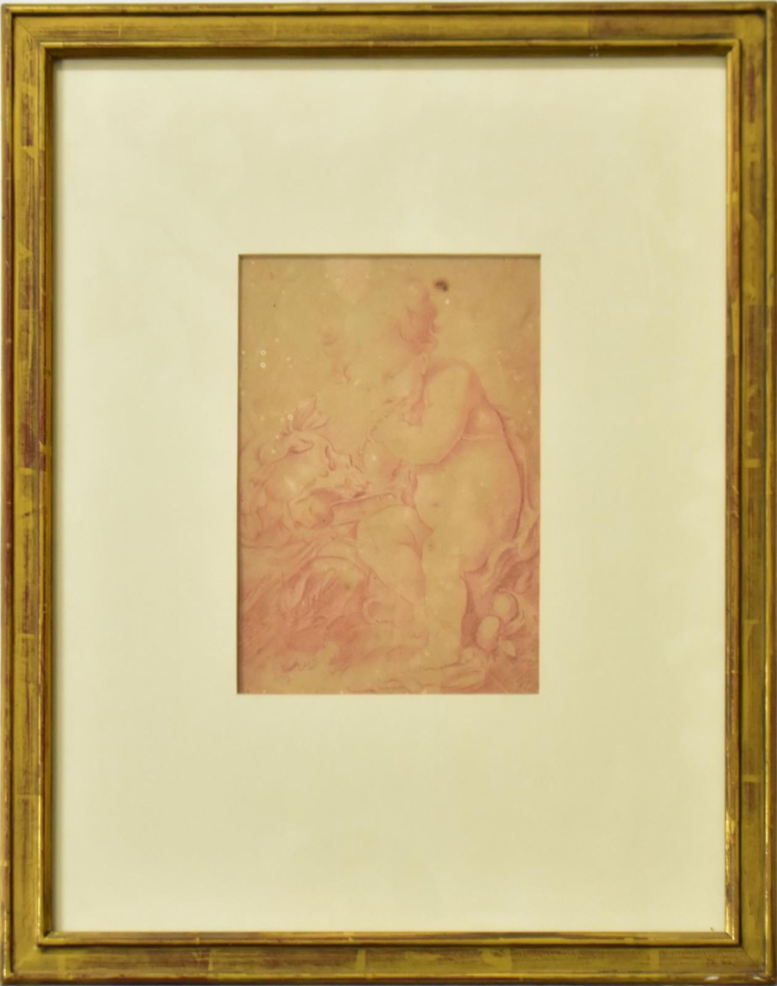 UNBEKANNT. Vanitas: Putto in Betrachtung eines Totenschädels. Rötelzeichnung.