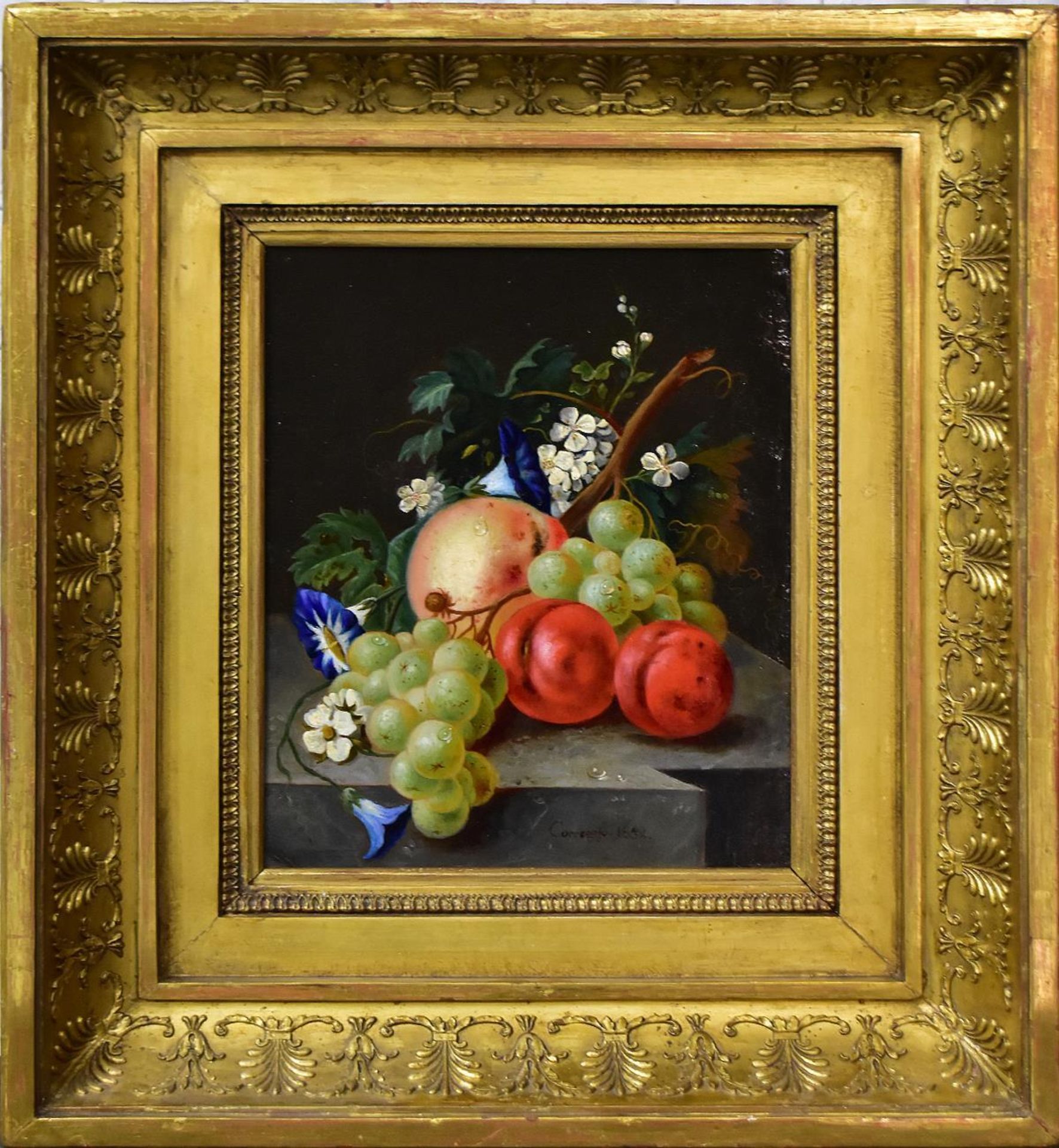 CORREGGIO, JOSEPH. Früchtestillleben. Öl/Karton.