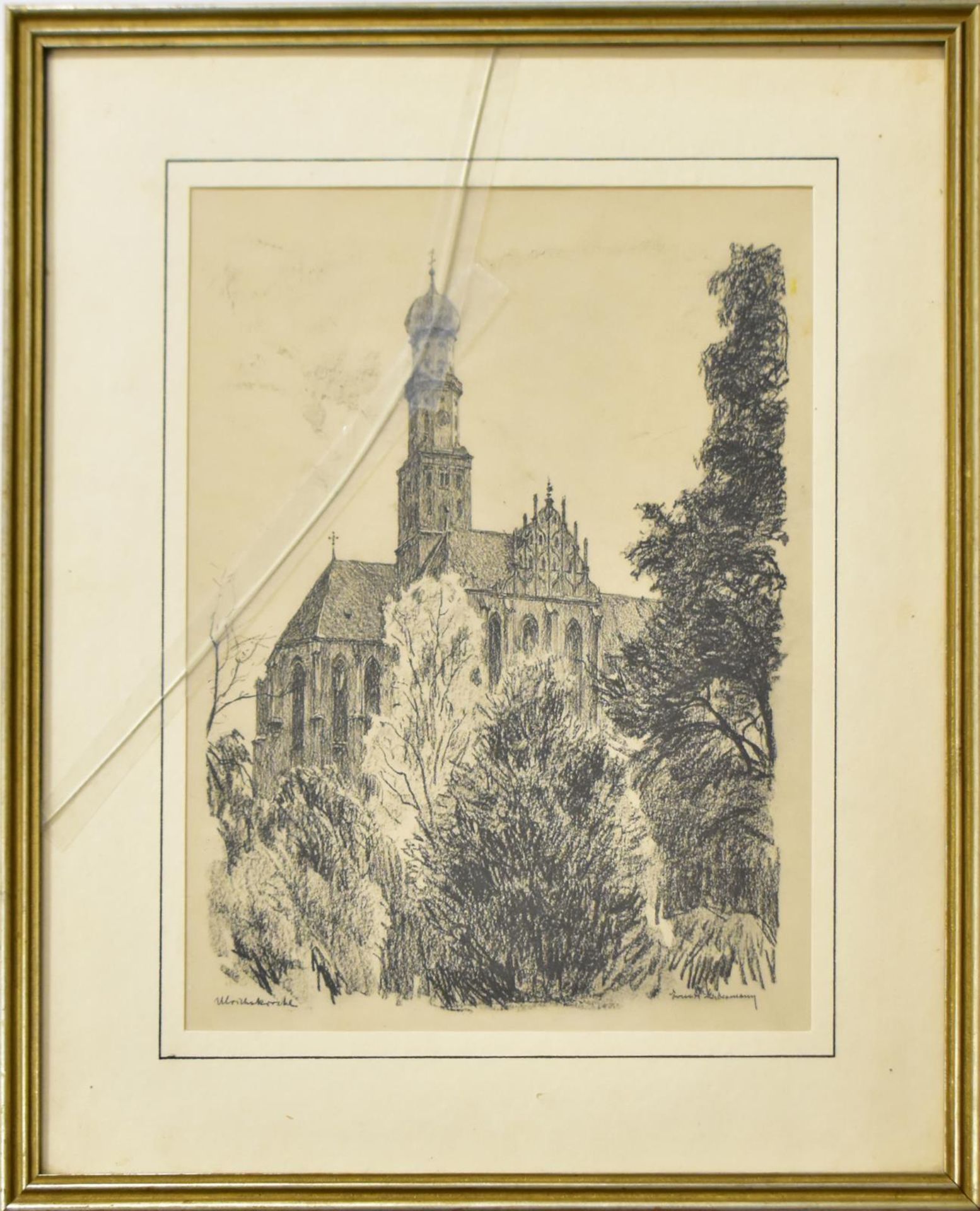 LIEBERMANN, ERNST. Ulrichskirche. Kohlezeichnung.