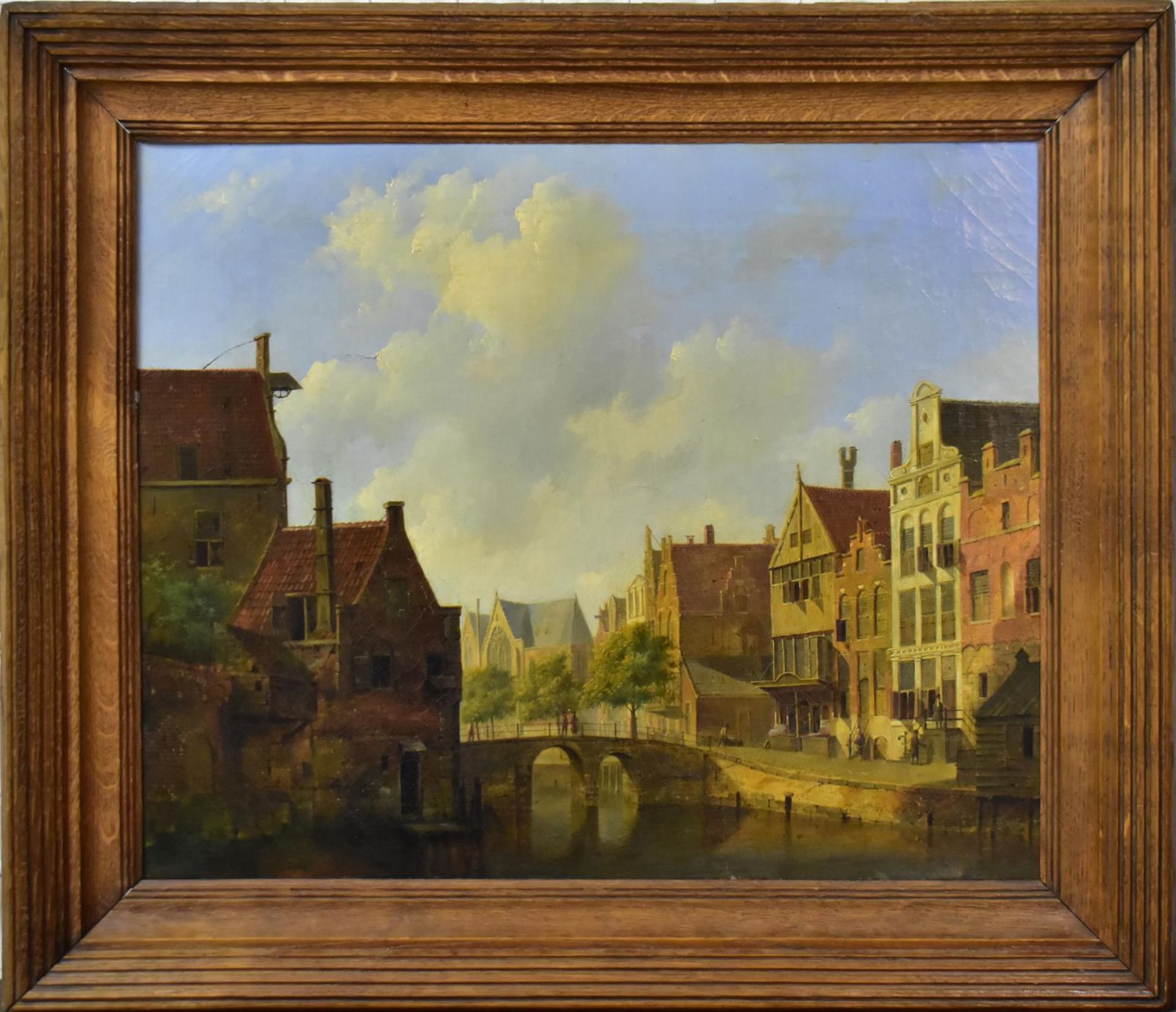 MONOGRAMMIST:IN "C.S.". Kanal in einer Stadt. Öl/Leinwand.