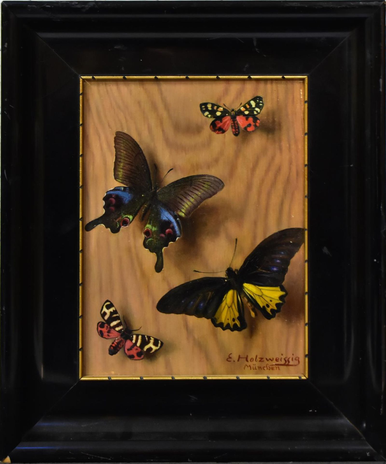 HOLZWEISSIG, ERNST. Vier Schmetterlinge. Öl/Holz.