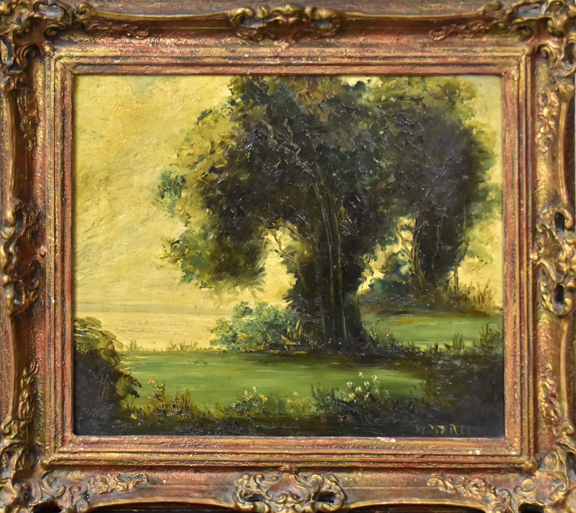 UNBEKANNT. Bäume am Ufer. Öl/Holz.