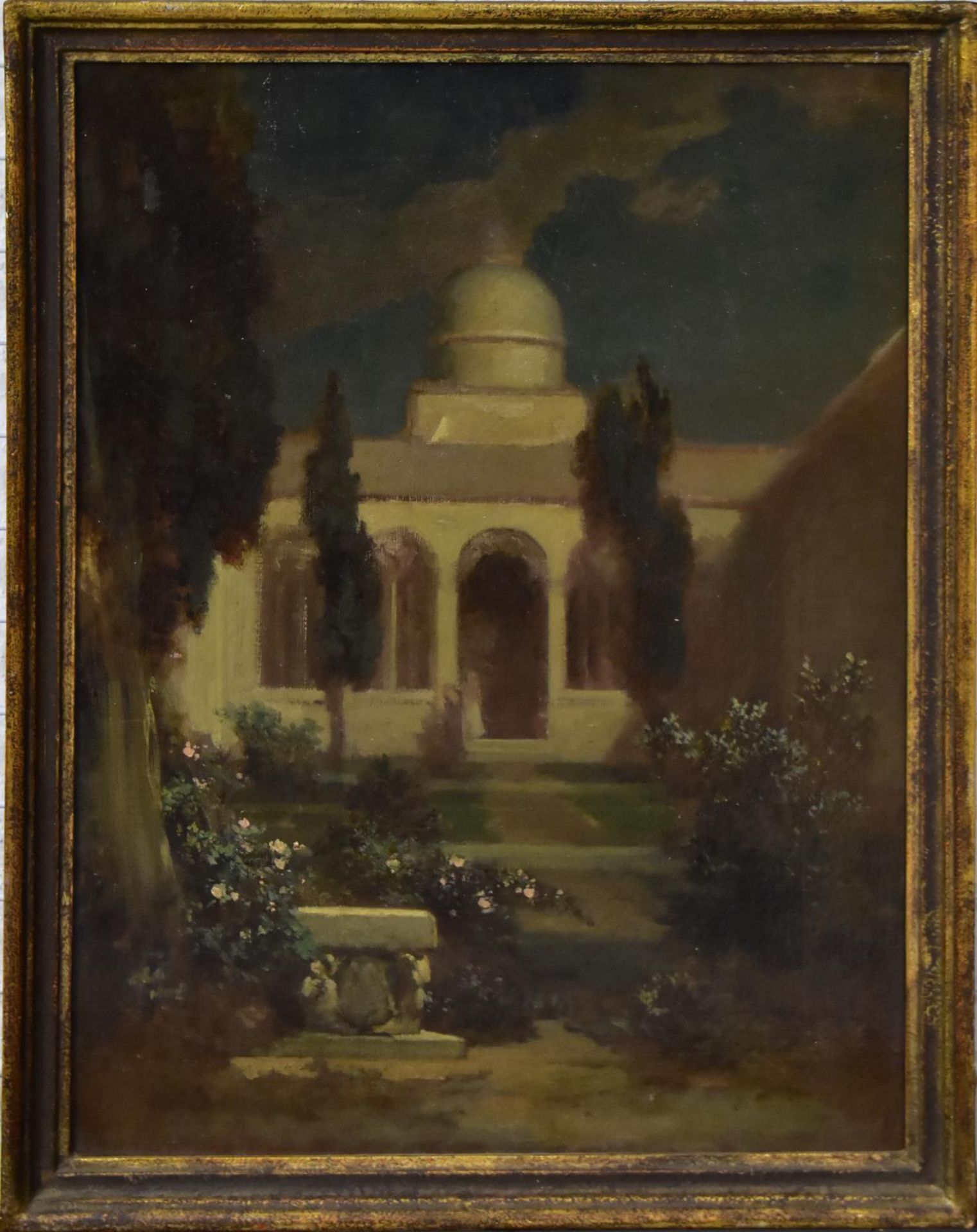UNBEKANNT. Park mit Säulenhalle. Öl/Leinwand.