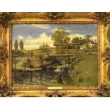 RASCH, HEINRICH. Wasserwehr mit Mühle. Öl/Papier/Karton.