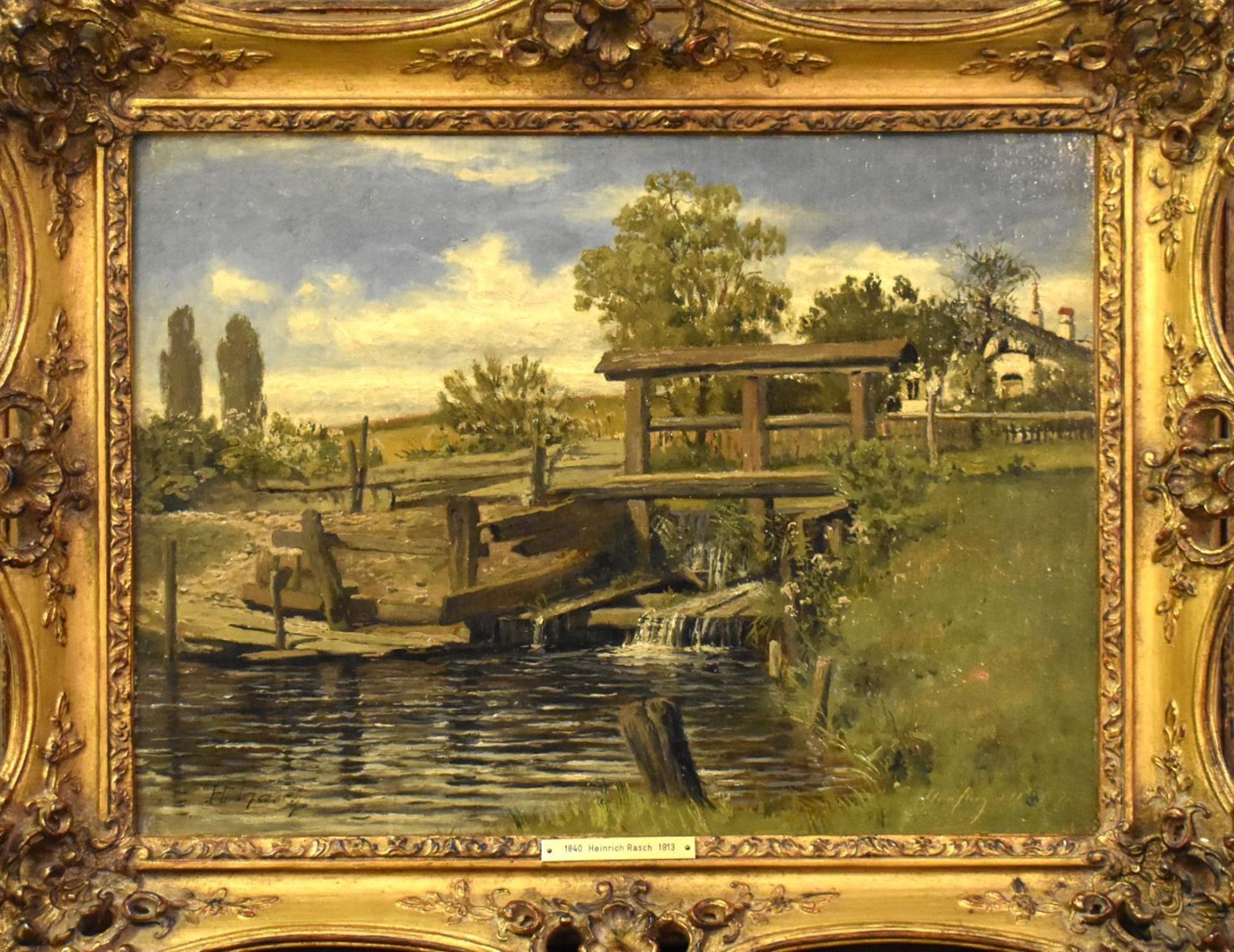 RASCH, HEINRICH. Wasserwehr mit Mühle. Öl/Papier/Karton.