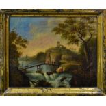 UNBEKANNT. Landschaft mit Brücke und Wasserfall. Öl/Leinwand.