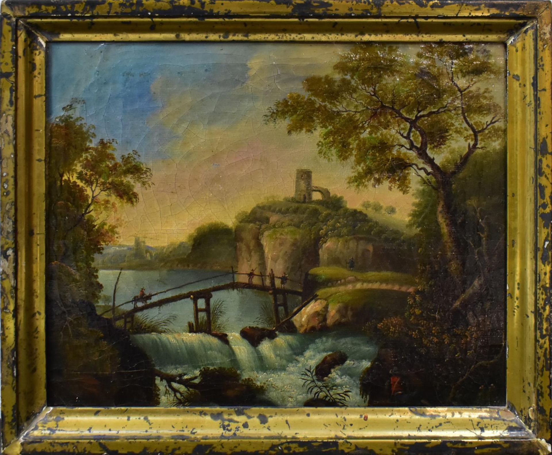 UNBEKANNT. Landschaft mit Brücke und Wasserfall. Öl/Leinwand.