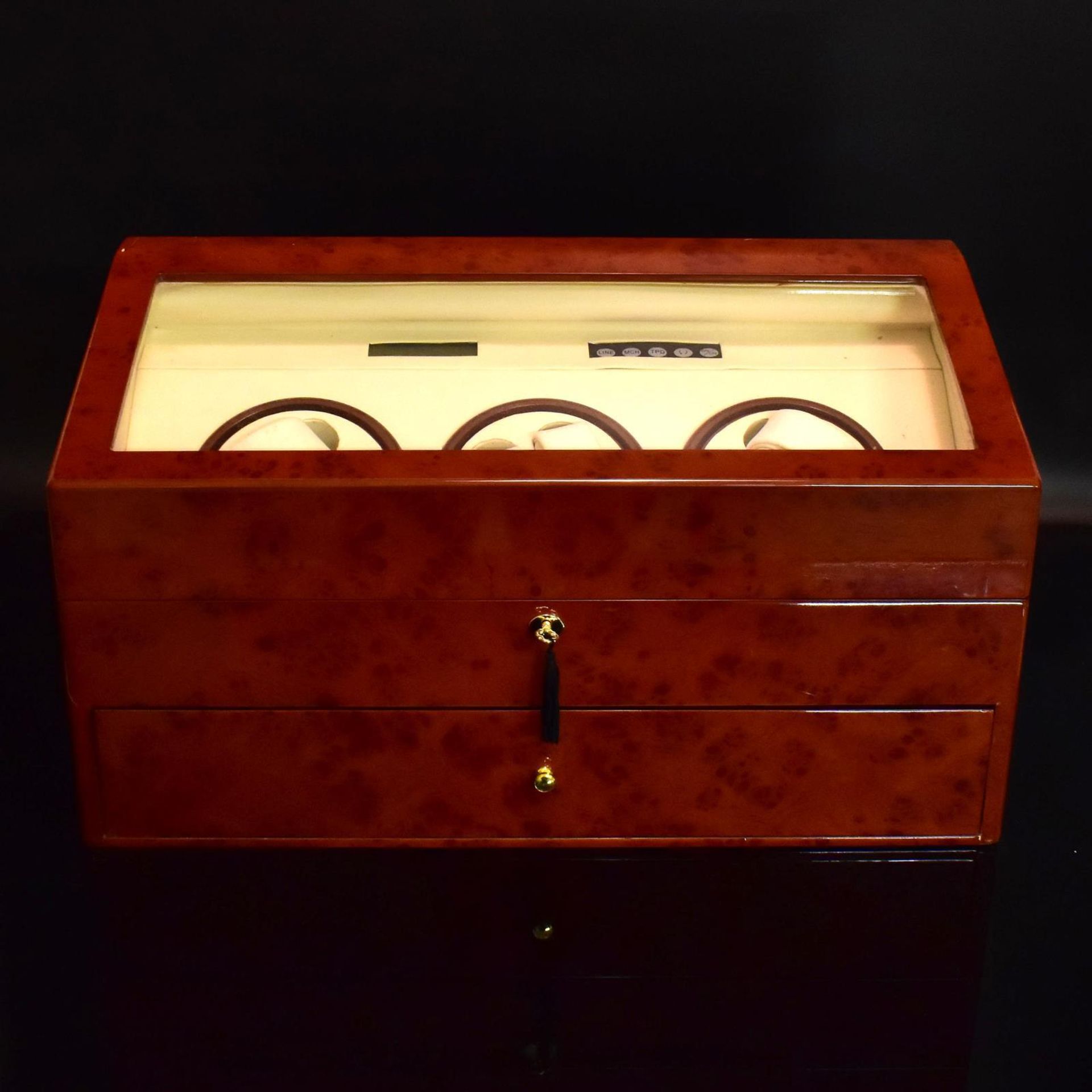 Uhrenbeweger. 20./21. Jh. | Wurzelholz. Plexiglas. Kunststoff. Stoff.