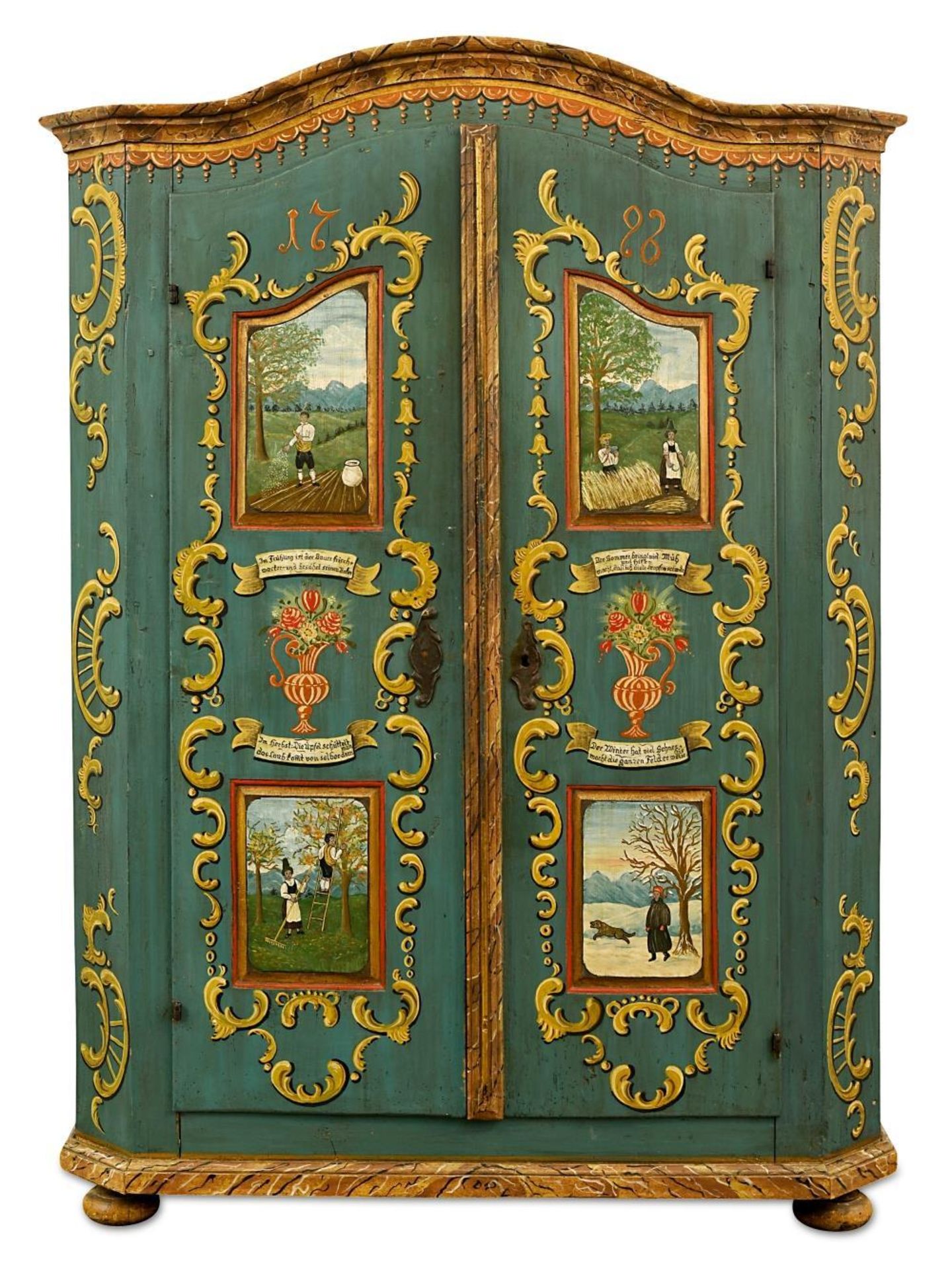 Jahreszeiten-Schrank. Um 1800 und später | Nadelholz, farbig bemalt, Metallbeschläge.
