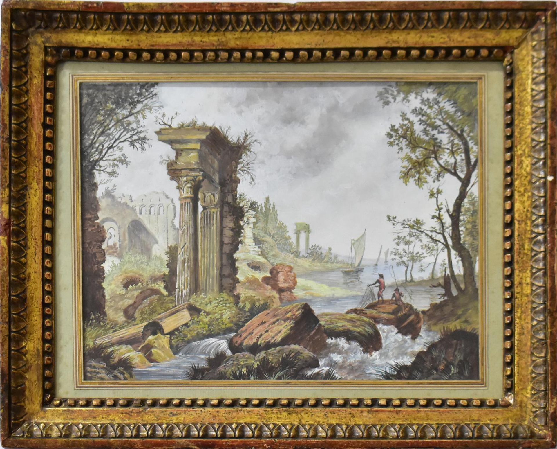 FRANKREICH (WOHL). Landschaft mit Ruinen, Fischern und Booten. Gouache.