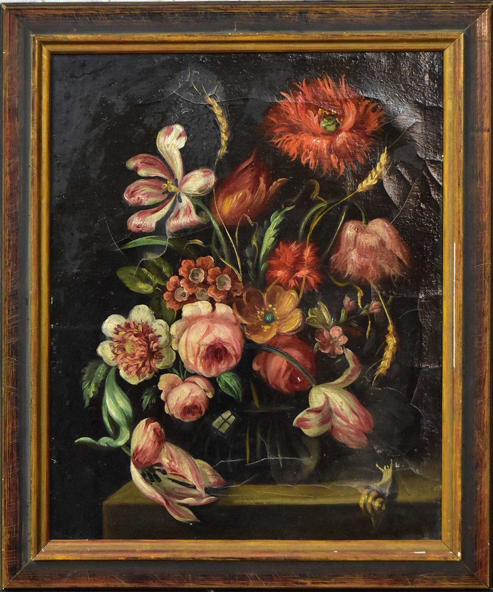 UNBEKANNT. Blumenstillleben mit Schnecke. Öl/Leinwand.