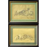 VOLTZ, FRIEDRICH (WOHL). Rastende Kühe. Ein Paar Bleistiftzeichnungen, weiß gehöht.