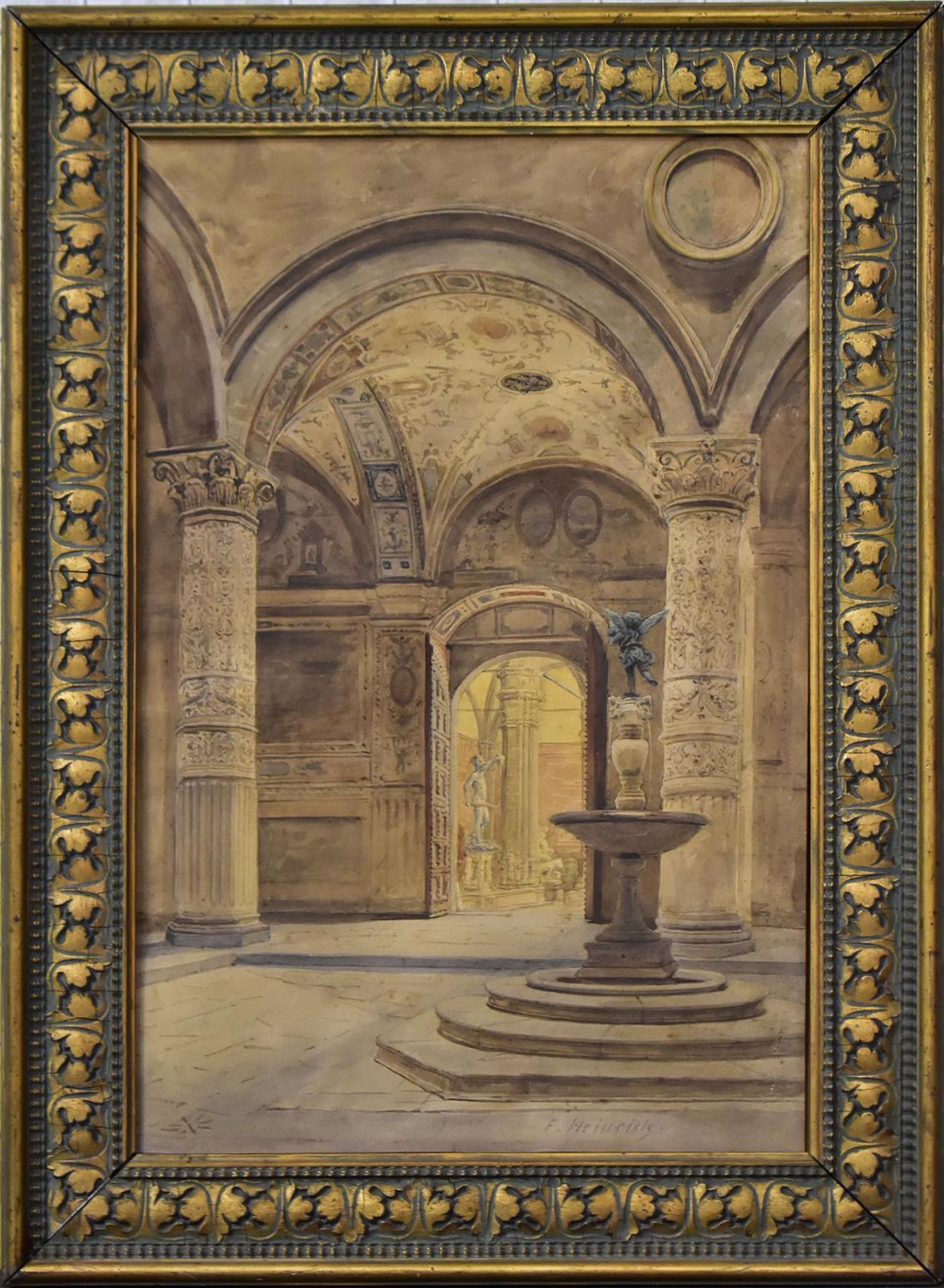 HEINRICH, FRANZ. Blick vom Hof des Palazzo Vecchio auf die Loggia dei Lanzi. Aquarell.