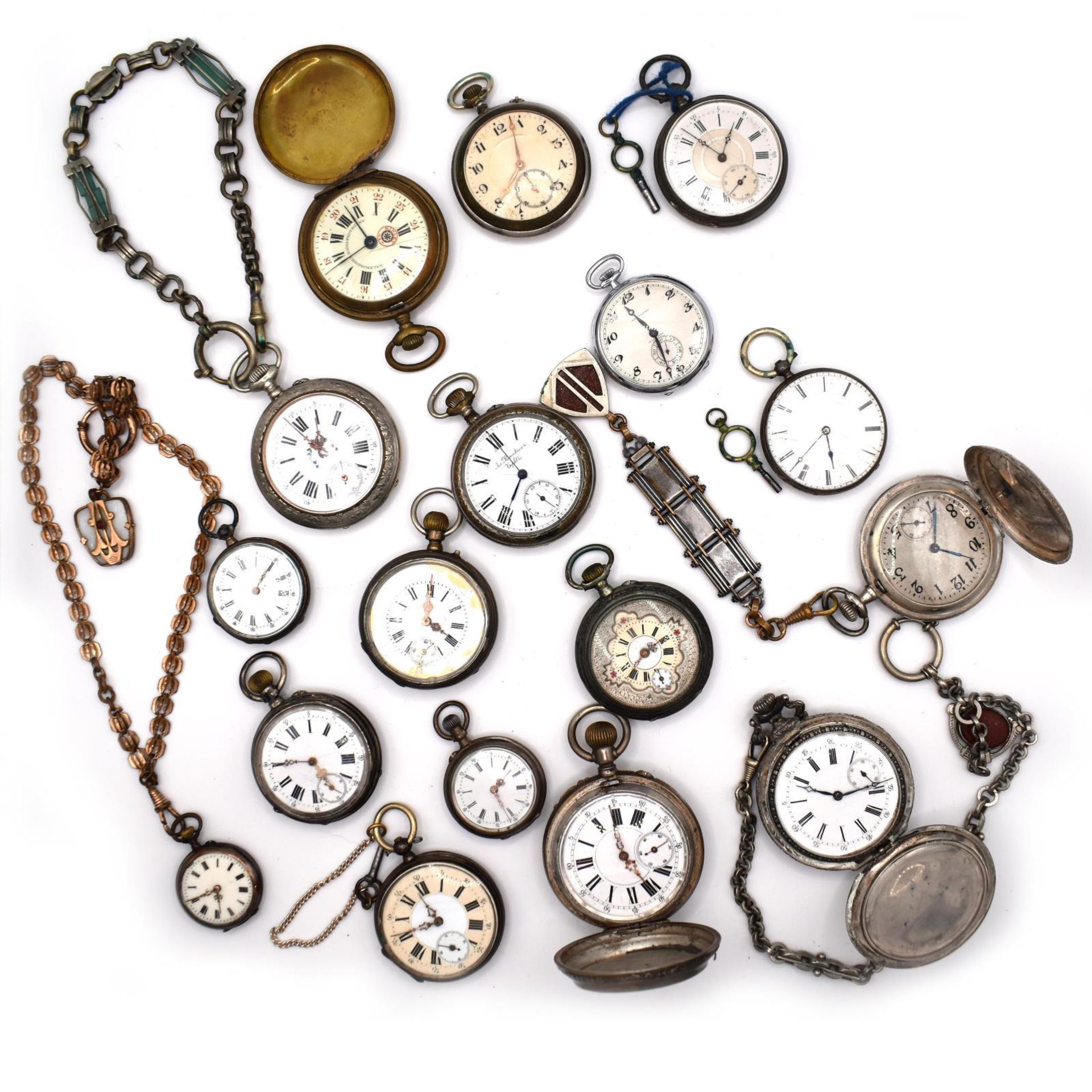 Konvolut Taschenuhren, 17tlg. Gehäuse Metall bzw. Silber.