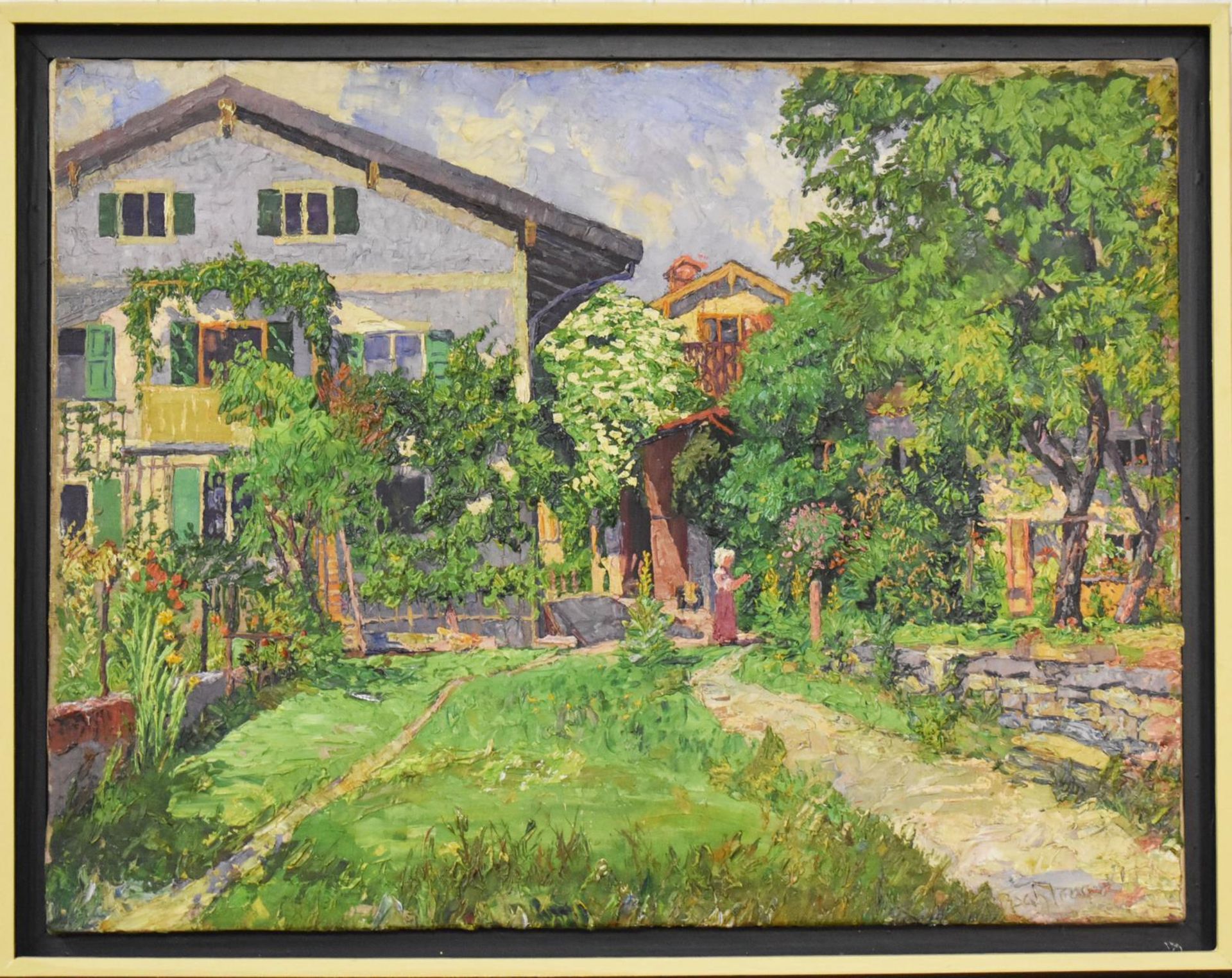 UNBEKANNT. Bauernhaus mit Garten. Öl/Leinwand.