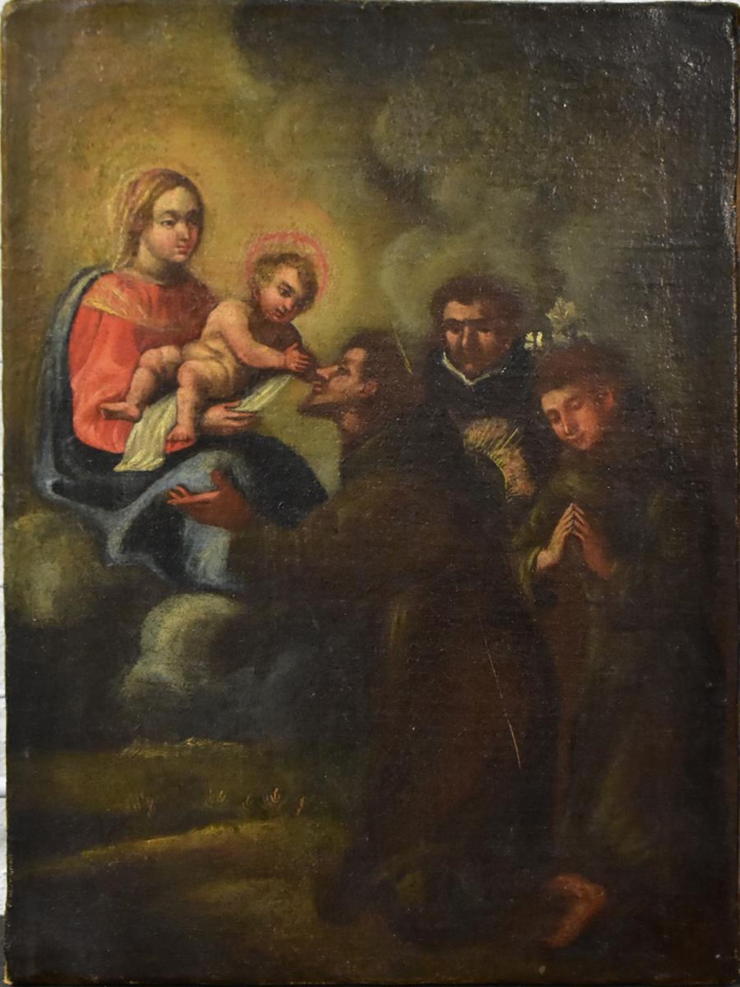 SÜDDEUTSCHLAND (WOHL). Muttergottes mit Christuskind und drei Heiligen. Öl/Leinwand.