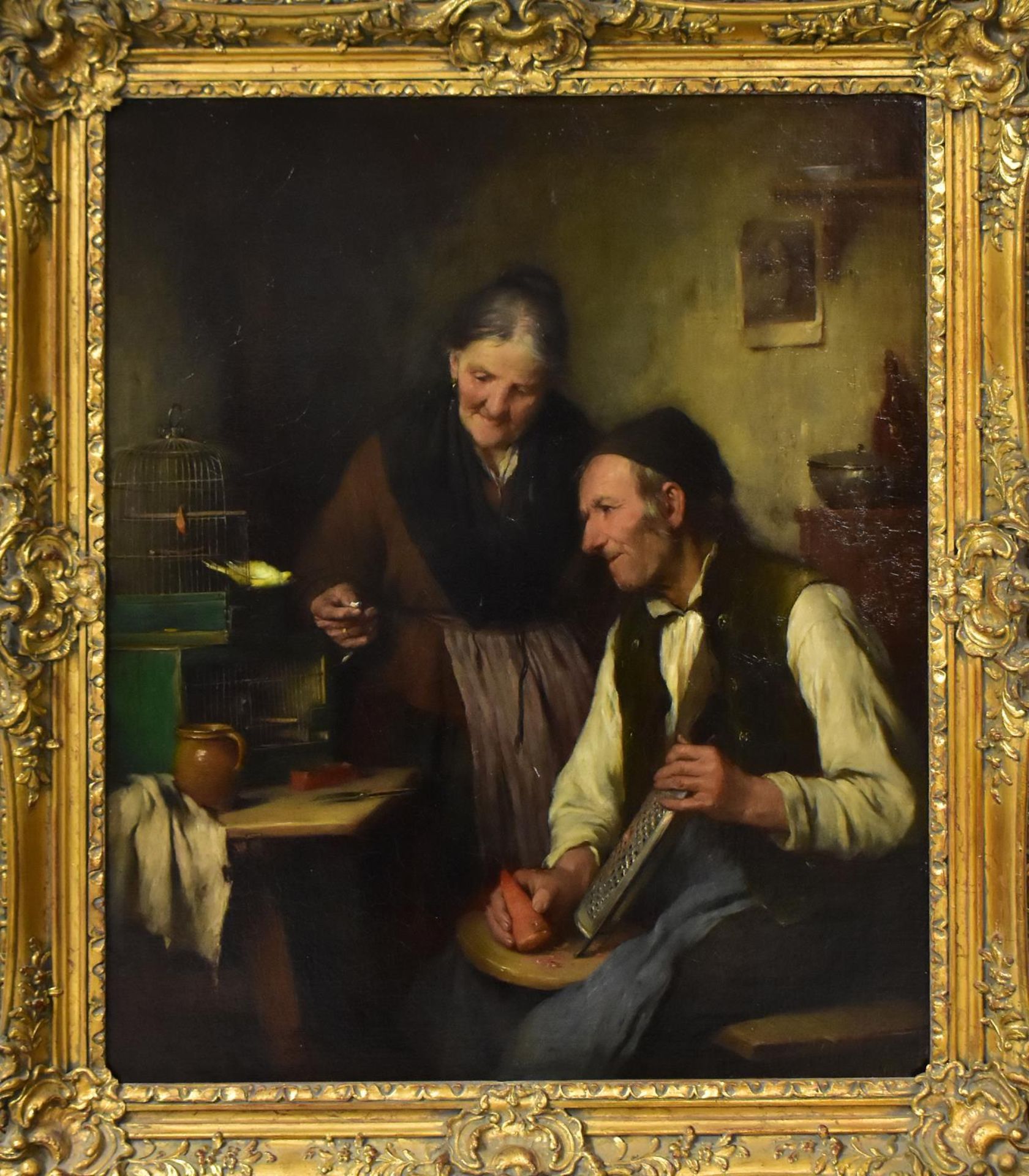 UNBEKANNT. Altes Bauernpaar mit Vogel. Öl/Leinwand.