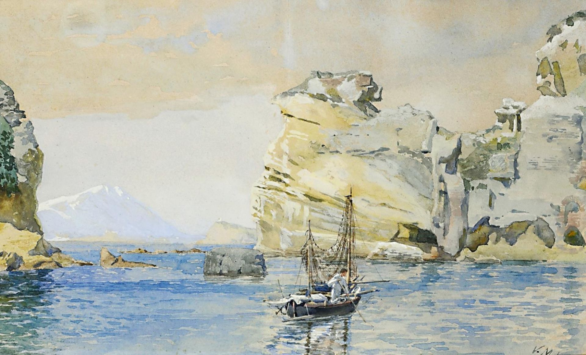 HERWEGEN-MANINI, VERONICA MARIA (WOHL). Blick auf Ischia von Possilipo bei Neapel. Aquarell, weiß...