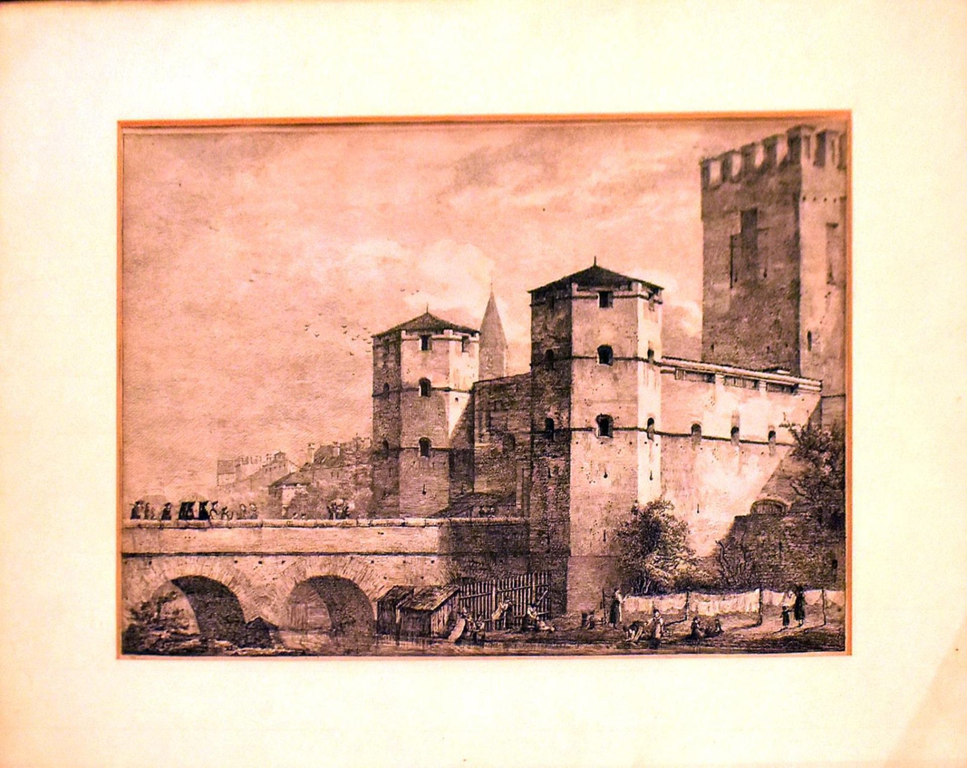 QUAGLIO, DOMENICO. Das Sendlinger Tor in München. Radierung.