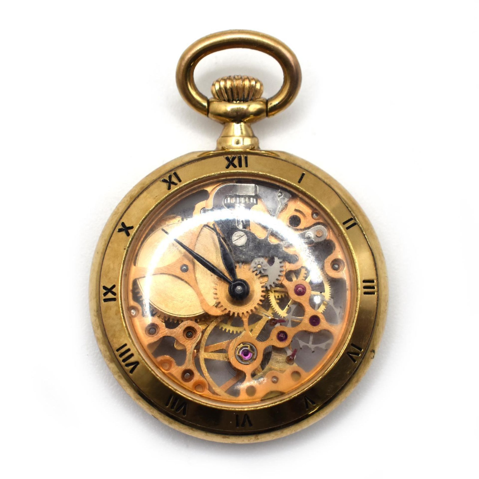 Kleine Skelett-Taschenuhr. Gehäuse Metall, vergoldet.