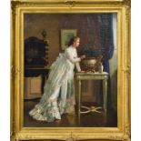 UNBEKANNT. Dame in Gedanken. Öl/Leinwand.