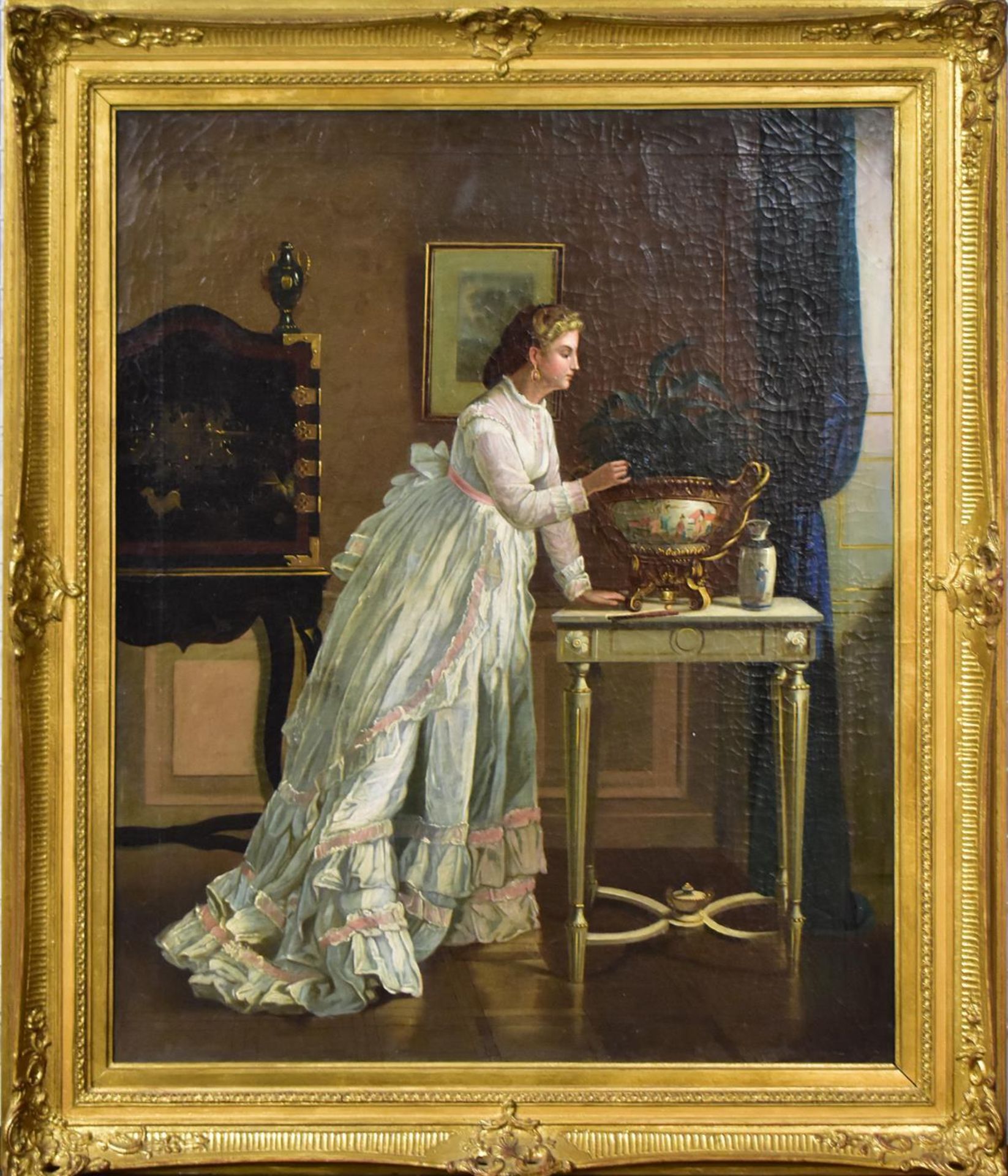 UNBEKANNT. Dame in Gedanken. Öl/Leinwand.