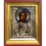 Christus Pantokrator. Russland, Ende 19./Anfang 20. Jh. | Tempera/Holz, Silberoklad mit Resten vo...