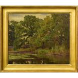 STRÜTZEL, OTTO. Romantischer Weiher mit Wildenten. Öl/Karton.