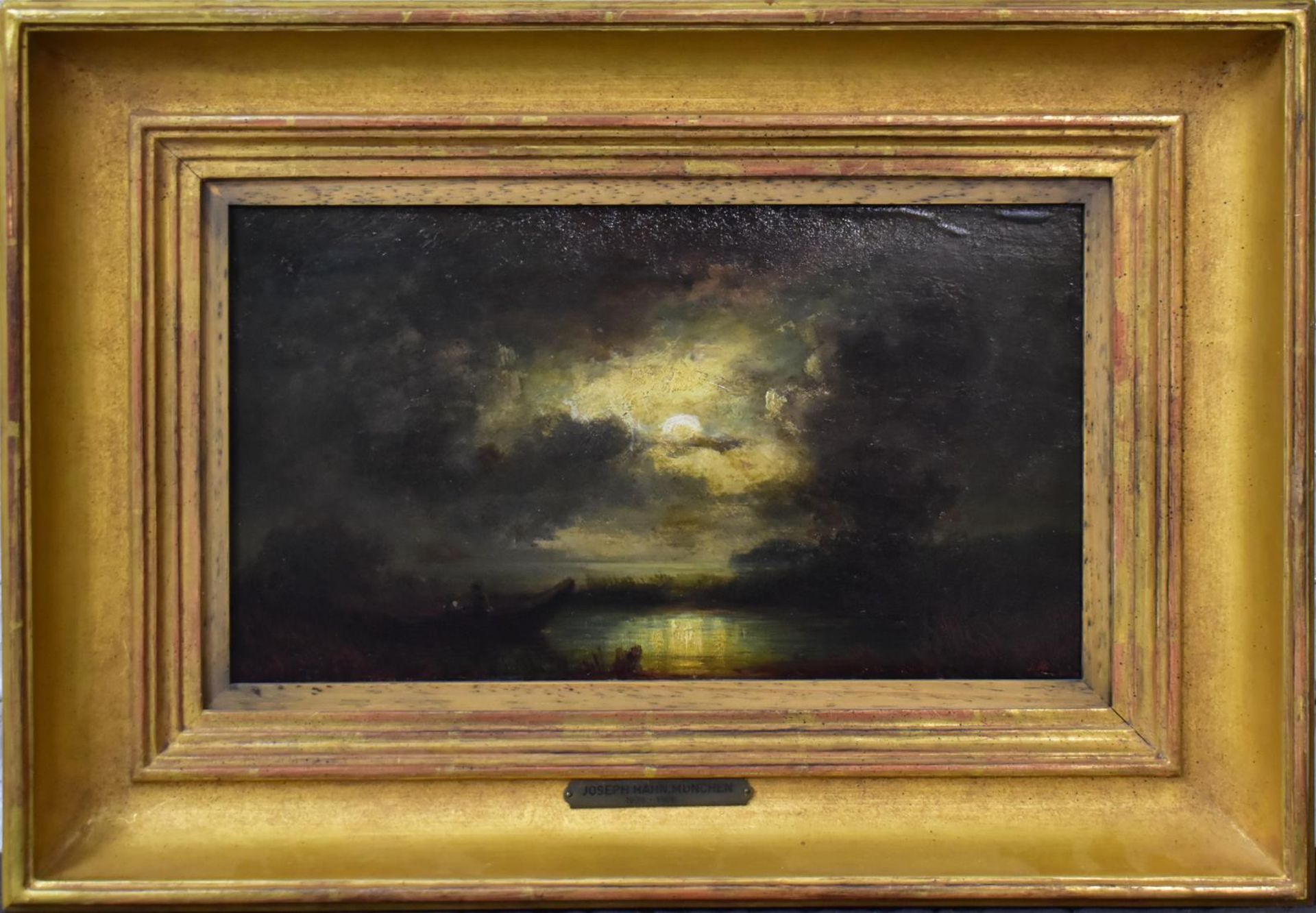 HAHN, JOSEF (?). Kahn im Mondschein. Öl/Karton.