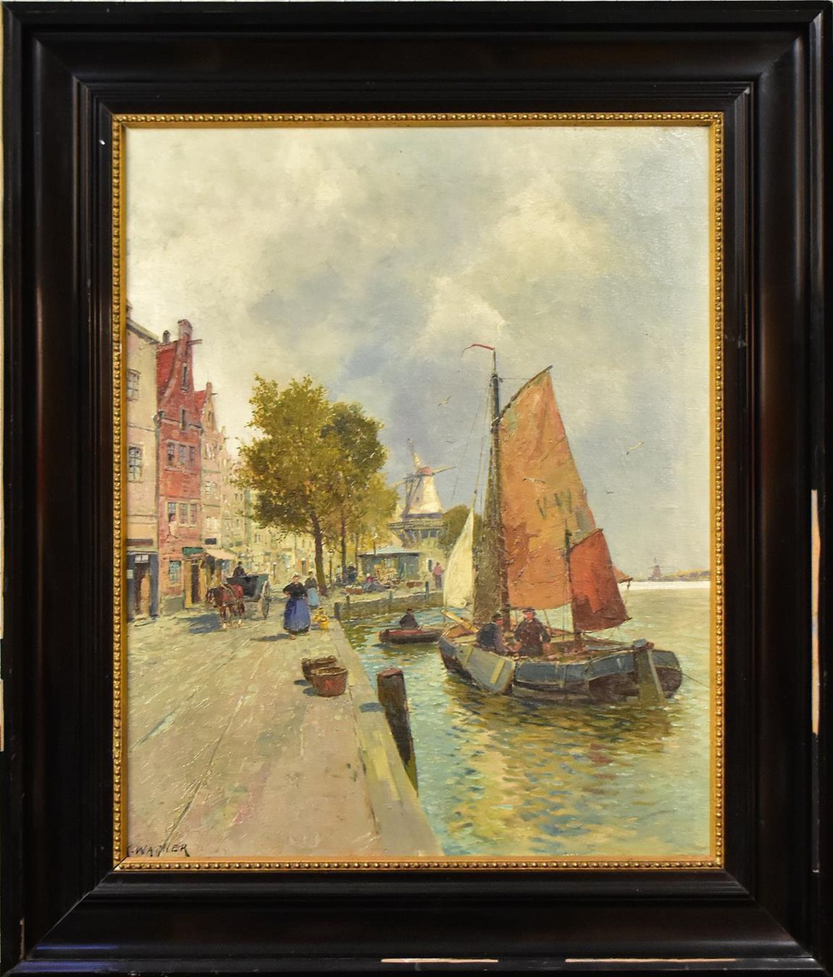 WAGNER, KARL. Hafenpromenade in Rotterdam. Öl/Leinwand.