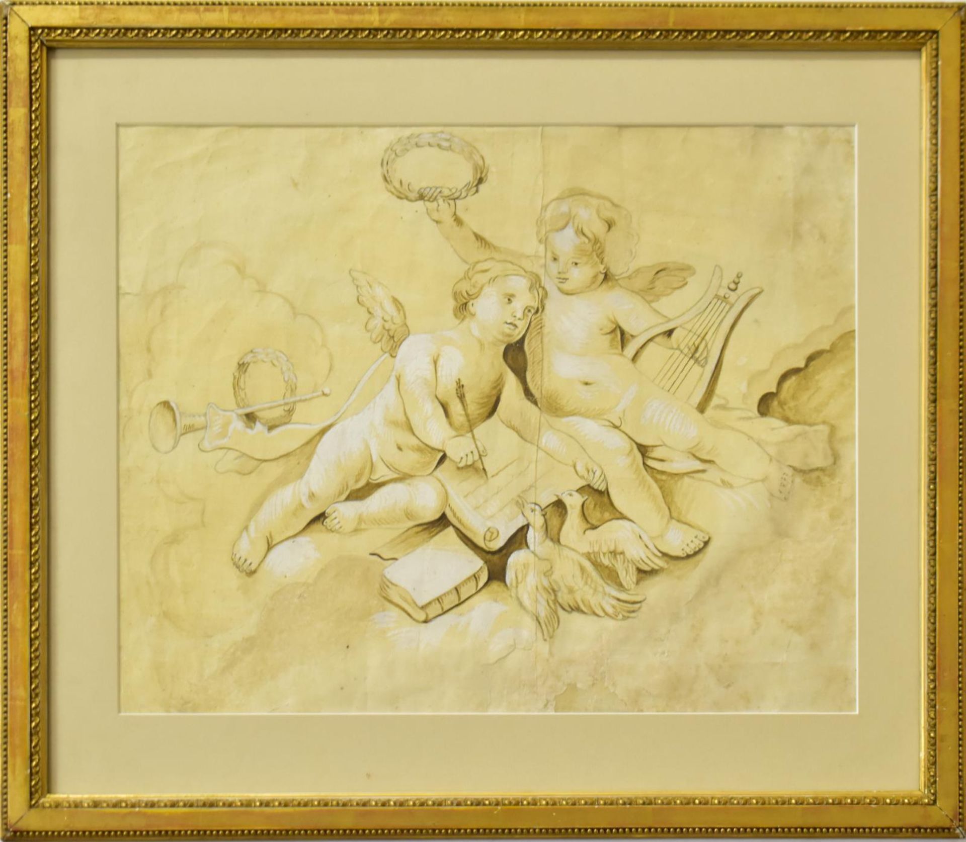 UNBEKANNT. Die Musik und die Dichtkunst. Braune Tusche über Bleistift, weiß gehöht.