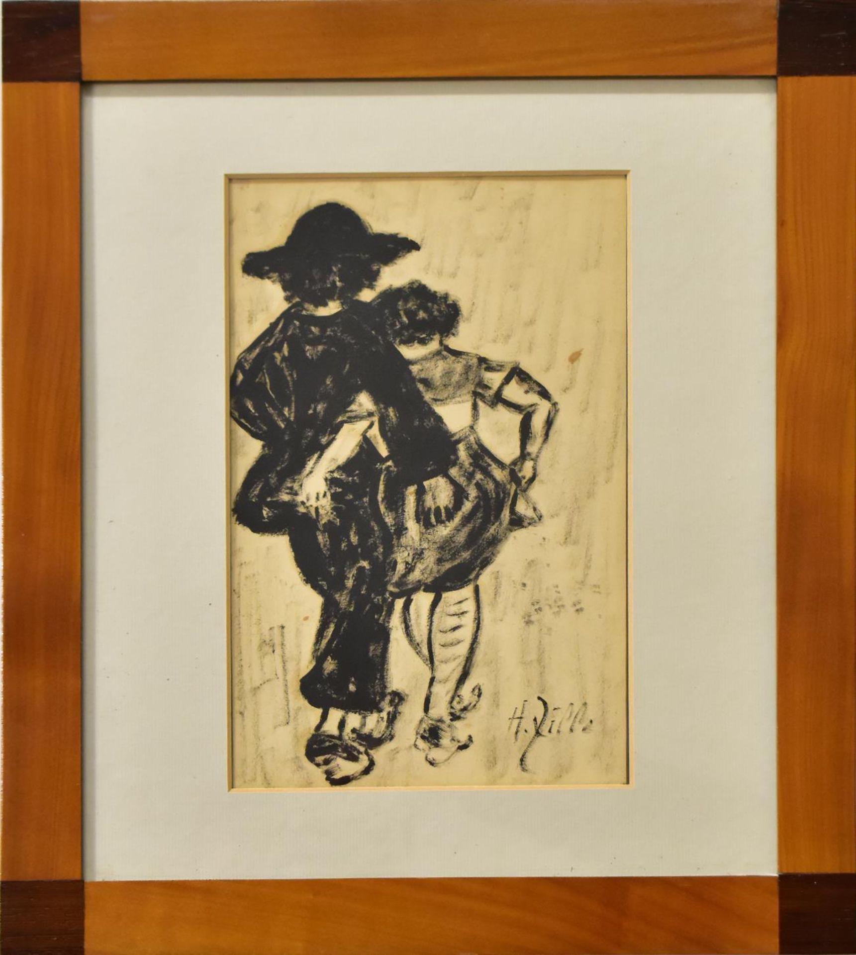 ZILLE, HEINRICH. Flanierendes Paar. Pinselzeichnung.