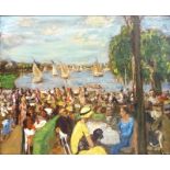 KOPIE NACH MAX LIEBERMANN. Gartencafe am Wannsee. Reproduktionsgraphik/Leinwand, tlw. übermalt.