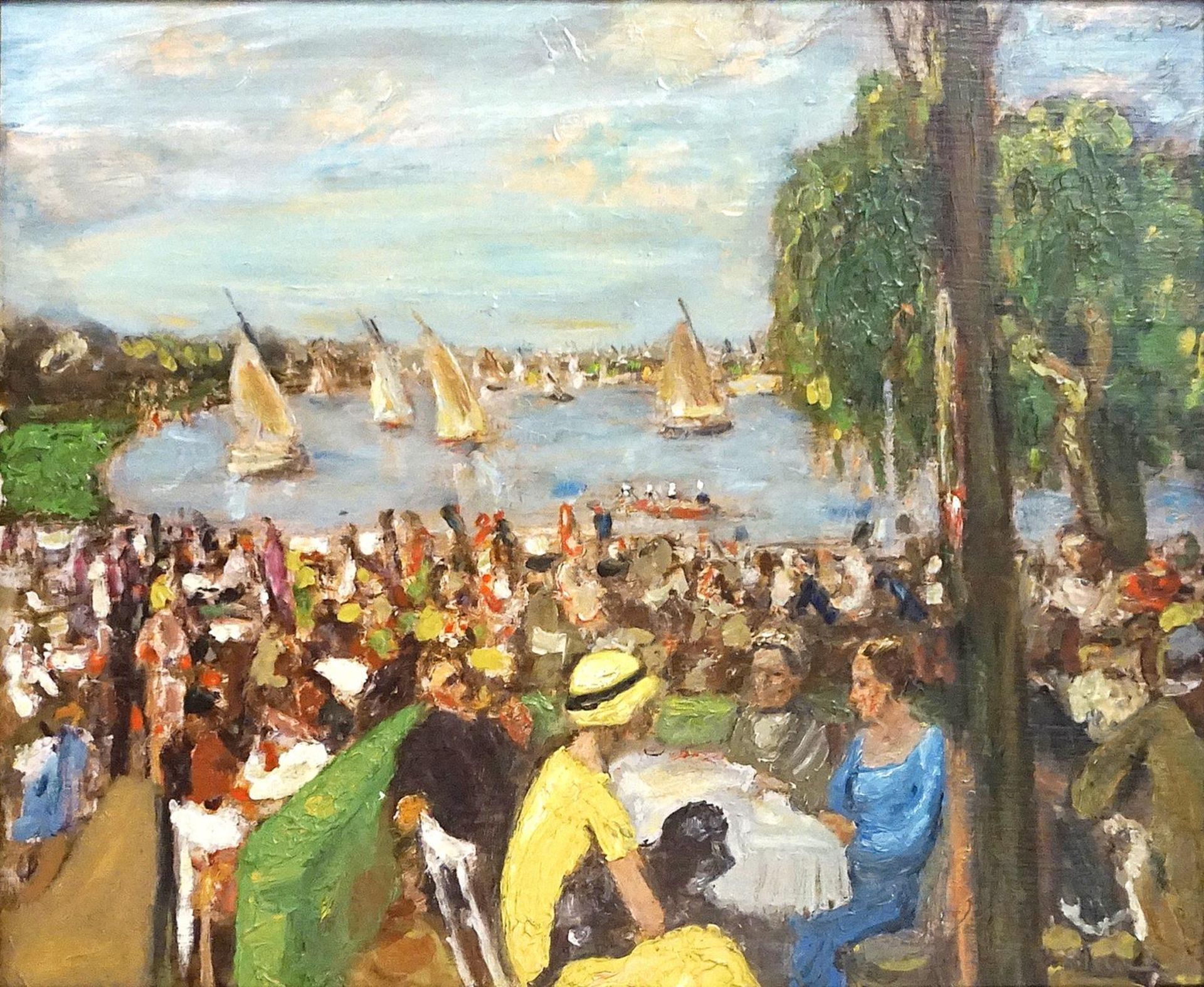 KOPIE NACH MAX LIEBERMANN. Gartencafe am Wannsee. Reproduktionsgraphik/Leinwand, tlw. übermalt.