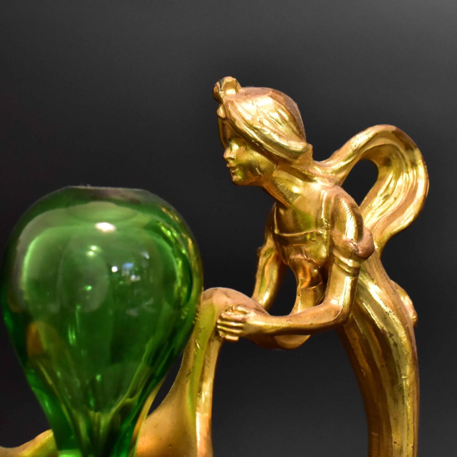 Likörservice, 7tlg. Im Stil des Jugendstils | Grünes Glas, Metall. - Bild 2 aus 2