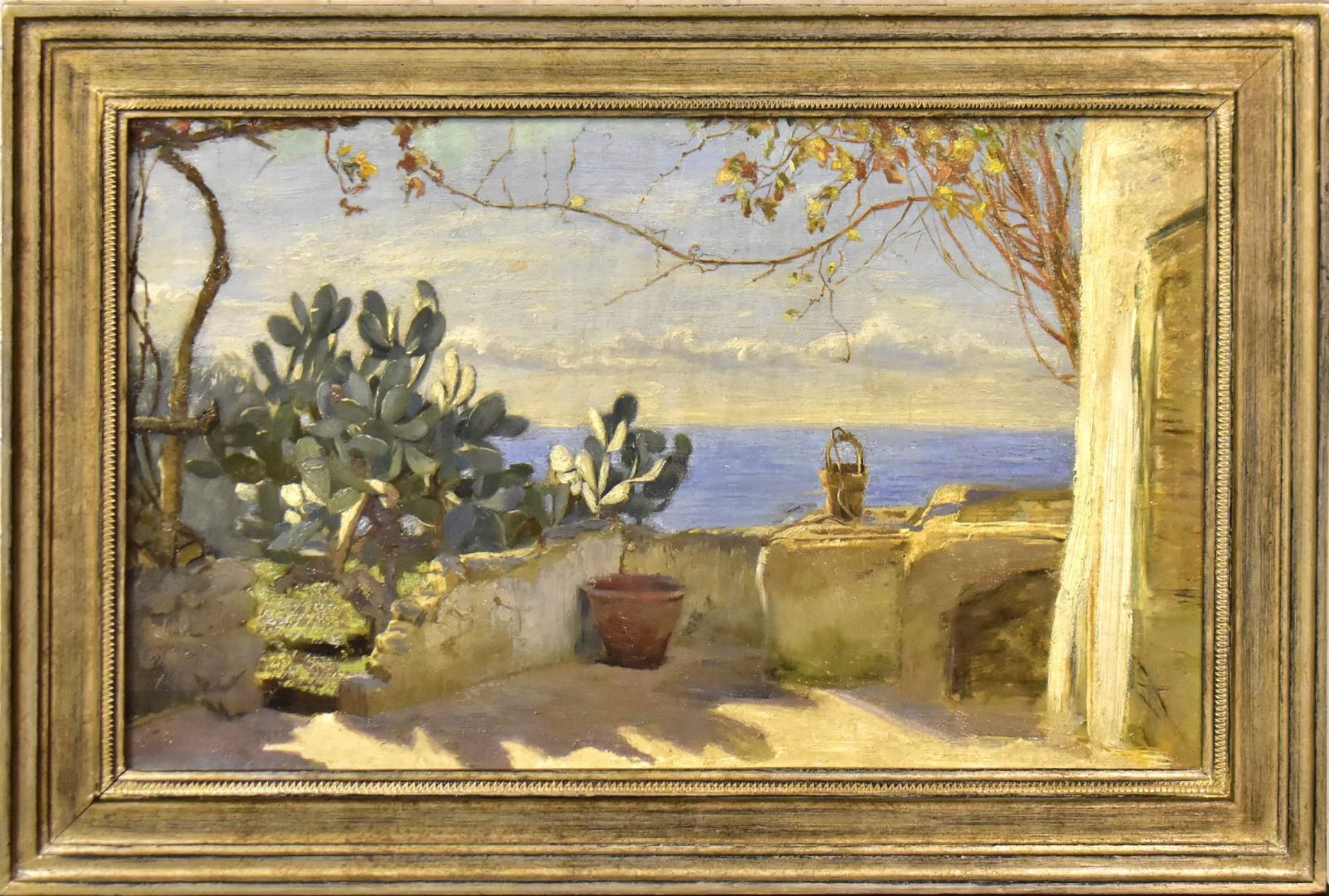 UNBEKANNT. Terrasse mit Meerblick. Öl/Leinwand.