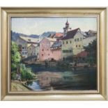 DORN, ERNST. Häuserzeile am Fluss. Öl/Leinwand.