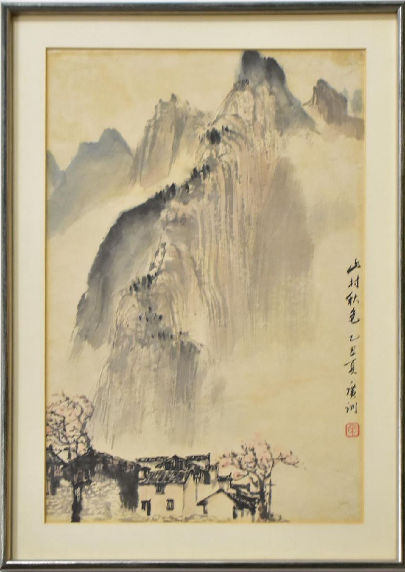 Kirschblüte vor Bergwand. China, 20. Jh. | Pinselzeichnung.