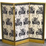 Paravent. 20. Jh. | Holz, vergoldet. Stoffbezug.